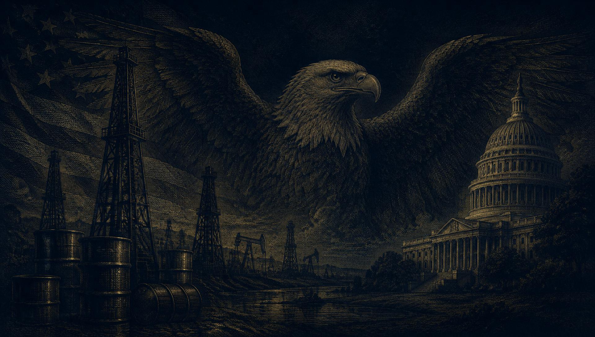 Engraved eagle over American oil fields and the Capitol